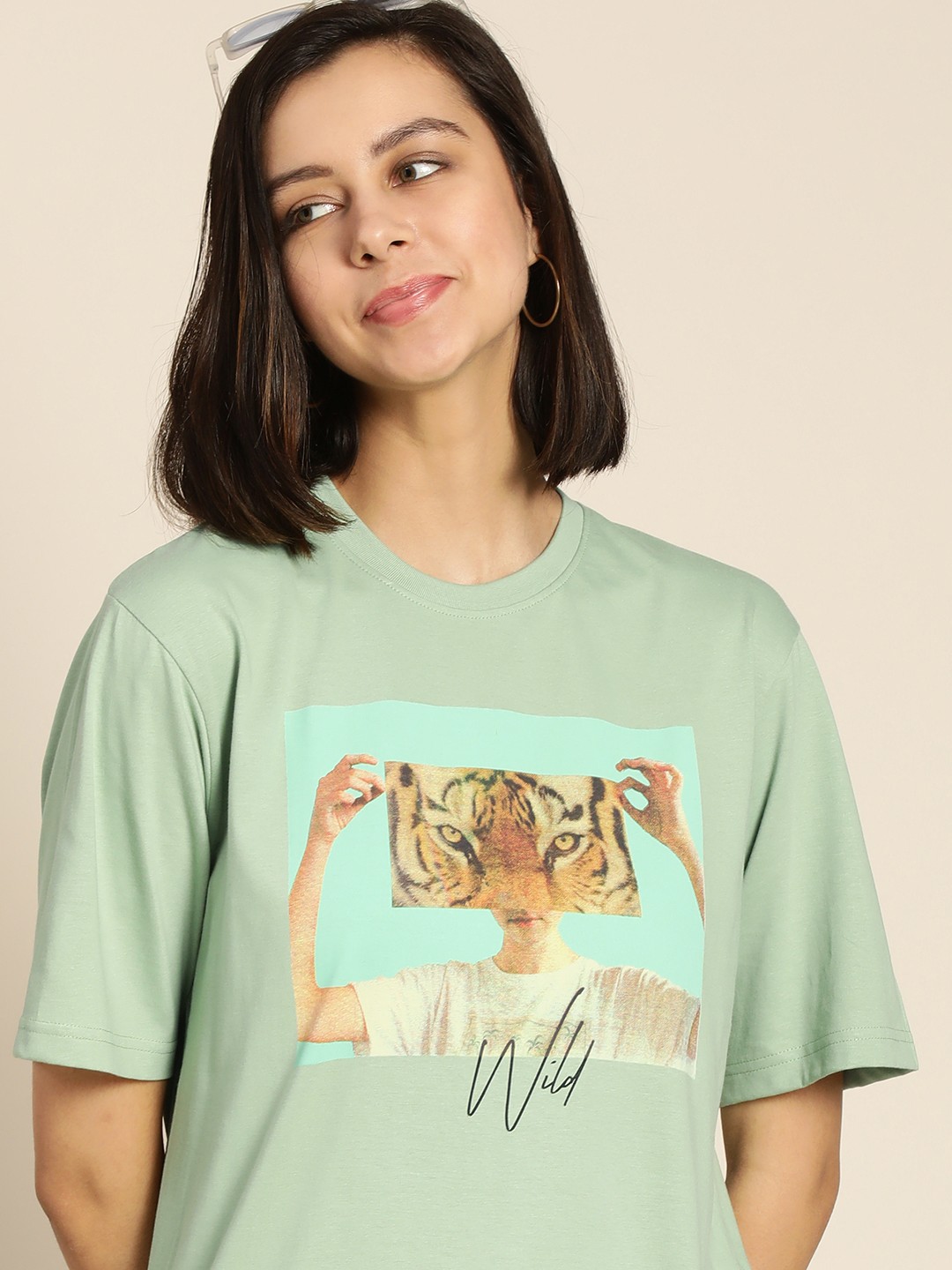 

Difference of Opinion Women Sage Green Printed Cotton Loose T-shirt