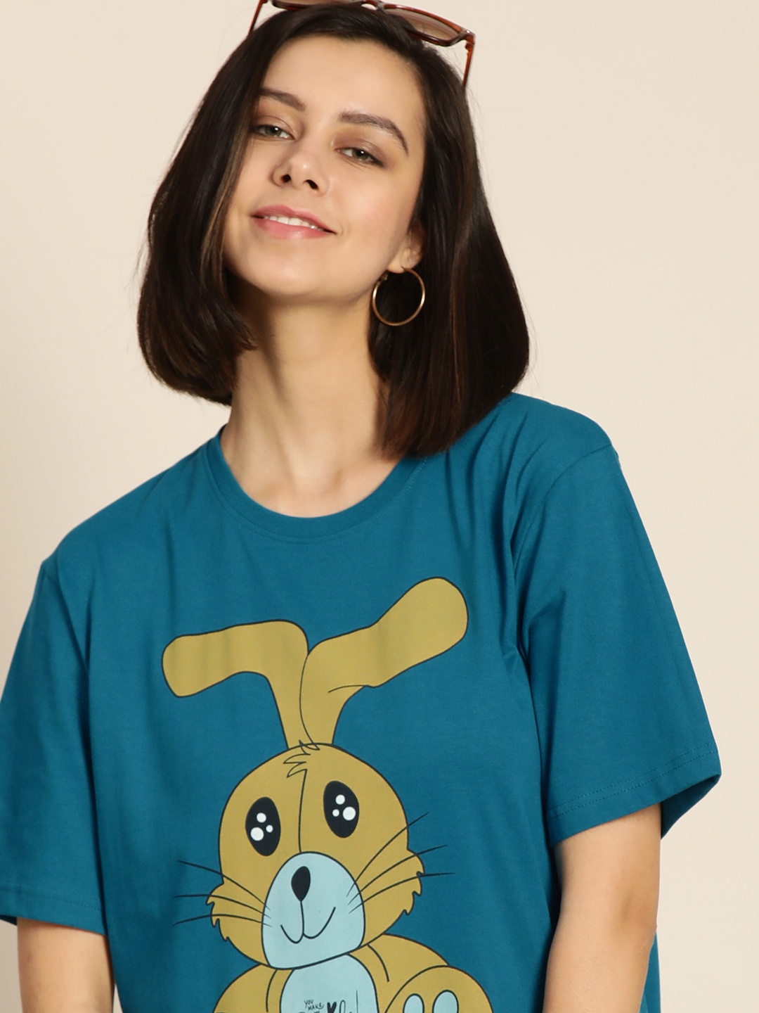 

Difference of Opinion Women Blue & Yellow Pure Cotton Graphic Printed OversizedT-shirt