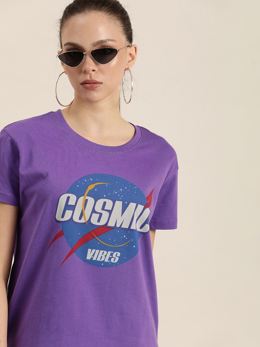 

Difference of Opinion Women Purple Typography Printed Pure Cotton Boxy T-shirt