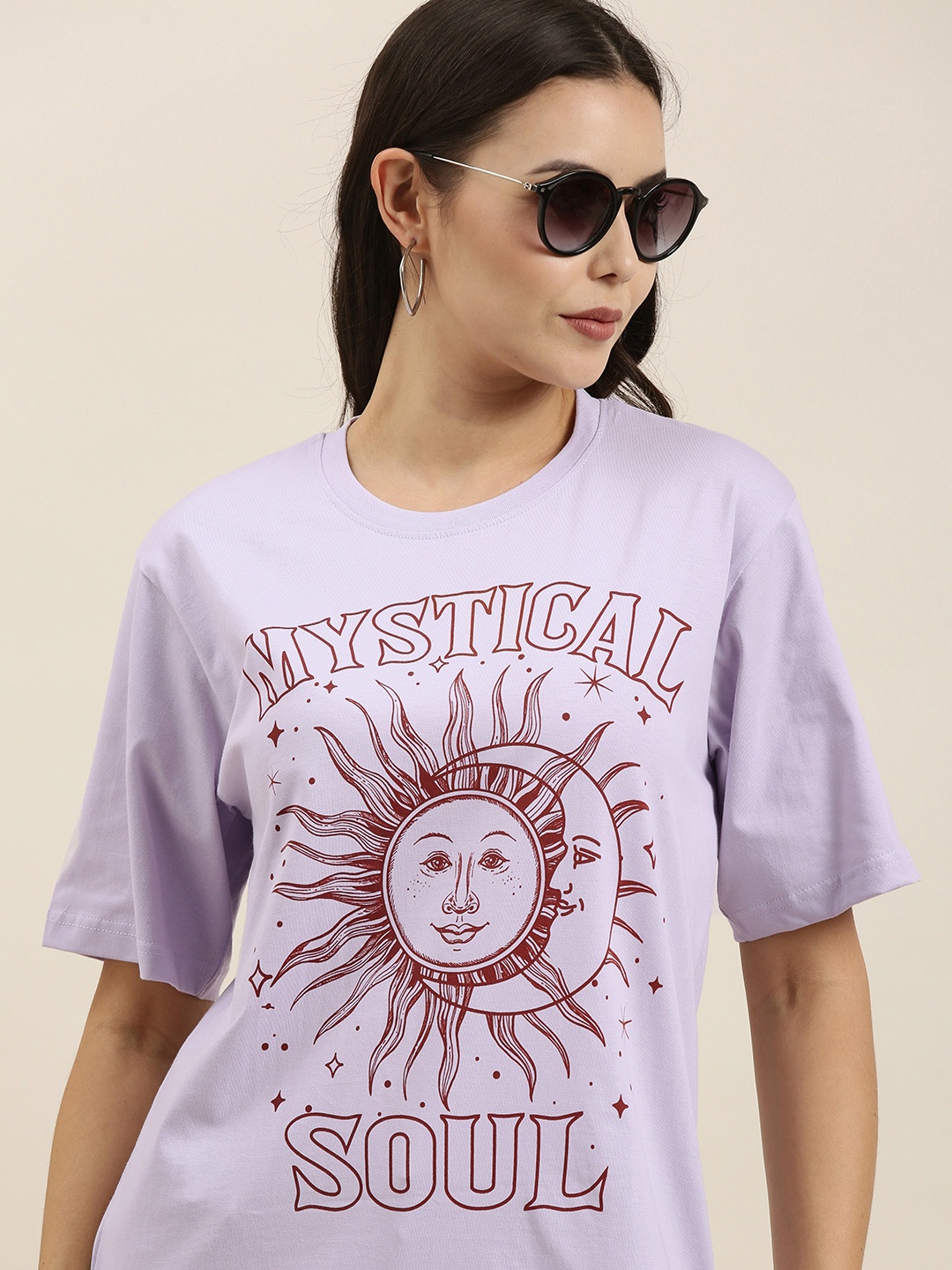 

Difference of Opinion Women Lavender Typography Printed Pure Cotton Oversized T-Shirt