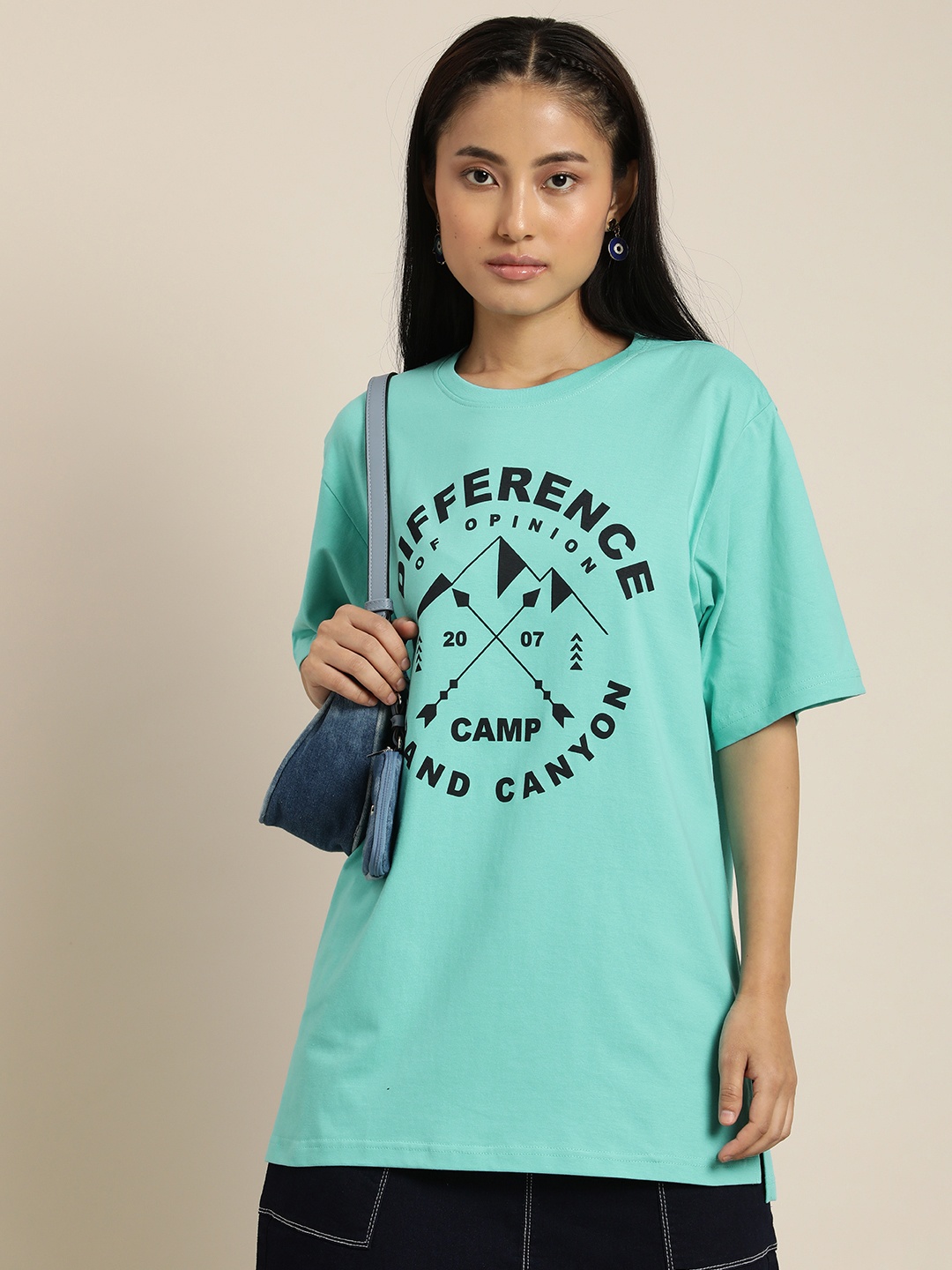 

Difference of Opinion Women Sea Green & Black Brand Logo Printed Drop-Shoulder Sleeves Pure Cotton Loose T-shirt