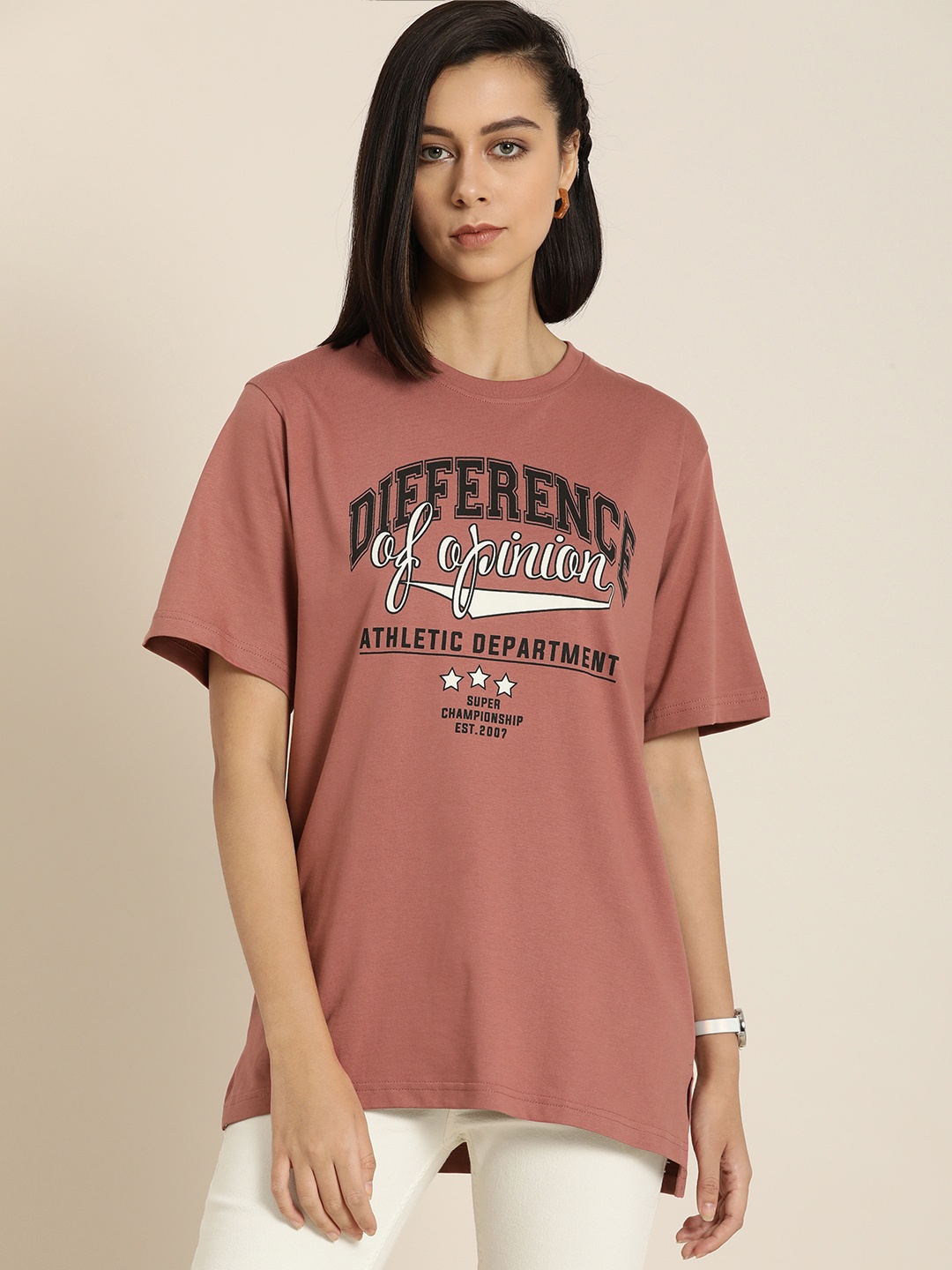 

Difference of Opinion Dusty Rose Pink Typography Print Cotton Oversized Longline Tshirt