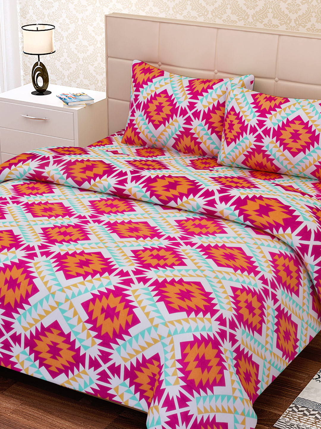 

SEJ by Nisha Gupta Pink & Orange 144 TC Cotton Double Bedsheet with 2 Pillow Covers
