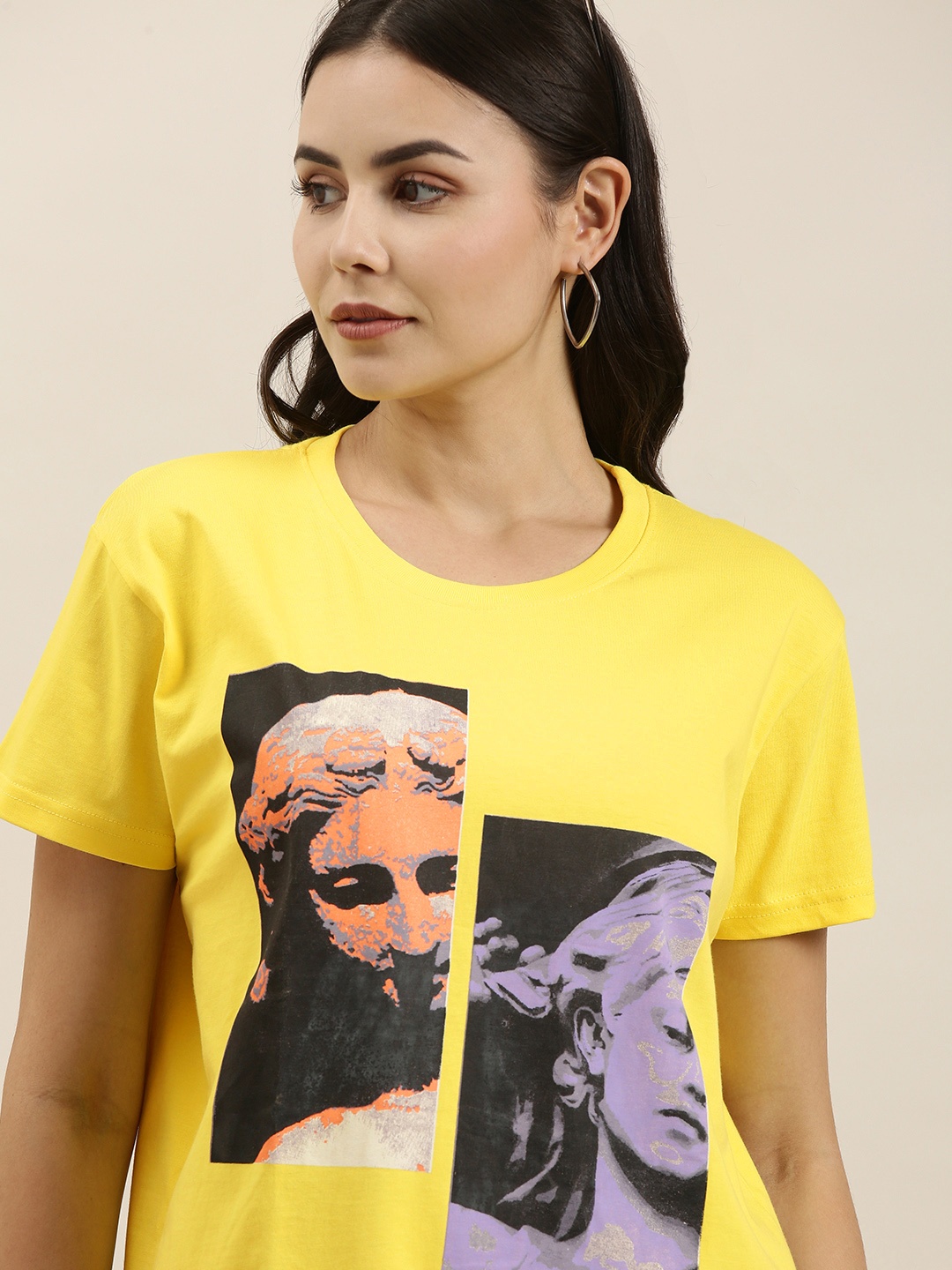 

Difference of Opinion Women Yellow Graphic Printed Pure Cotton Boxy T-shirt