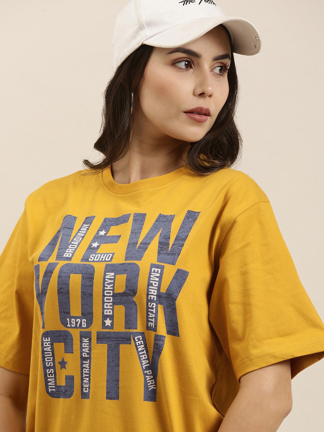 

Difference of Opinion Women Mustard Brown Typography Printed Pure Cotton Oversized T-Shirt