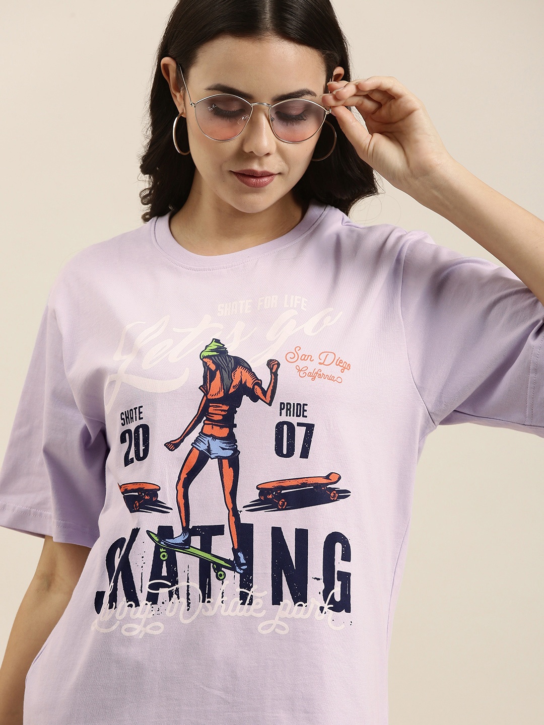 

Difference of Opinion Women Lavender Typography Printed Pure Cotton Oversized T-Shirt