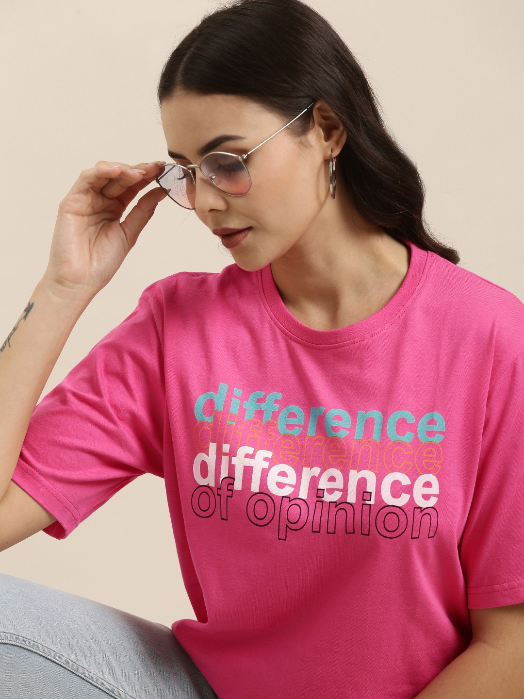 

Difference of Opinion Women Pink Brand Logo Printed Pure Cotton Oversized T-Shirt