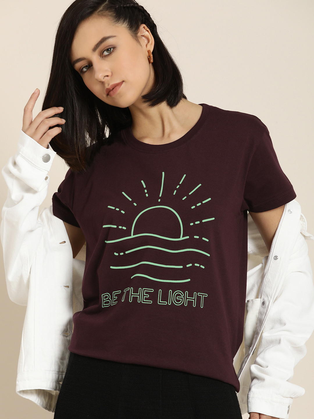 

Difference of Opinion Women Maroon & Green Graphic Print Cotton Boxy T-shirt