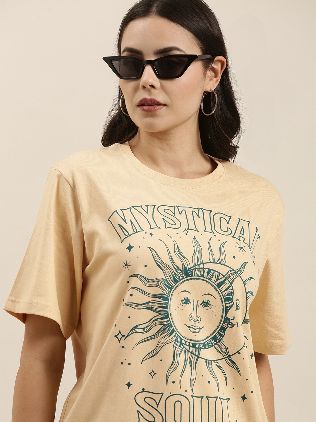 

Difference of Opinion Women Beige Typography Printed Pure Cotton Oversized T-Shirt