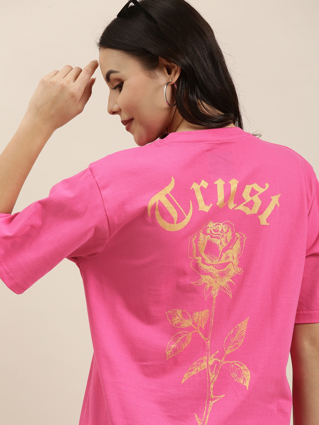 

Difference of Opinion Women Pink Typography Printed Pure Cotton Oversized T-Shirt