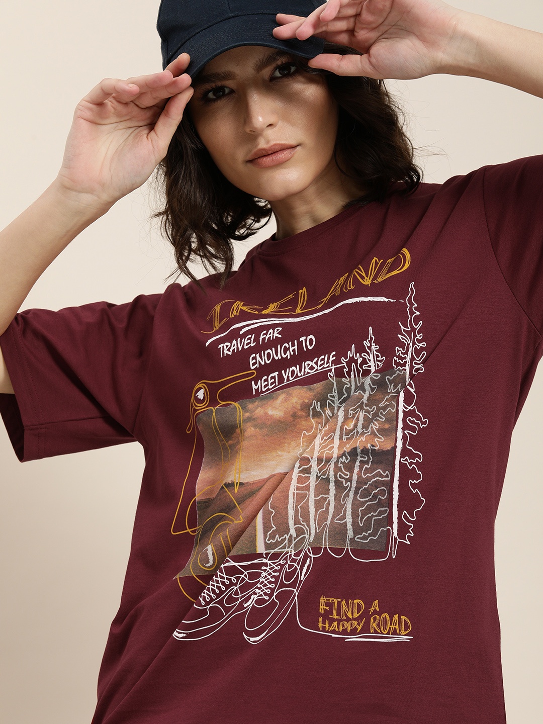 

Difference of Opinion Women Maroon Pure Cotton Printed Oversized T-Shirt