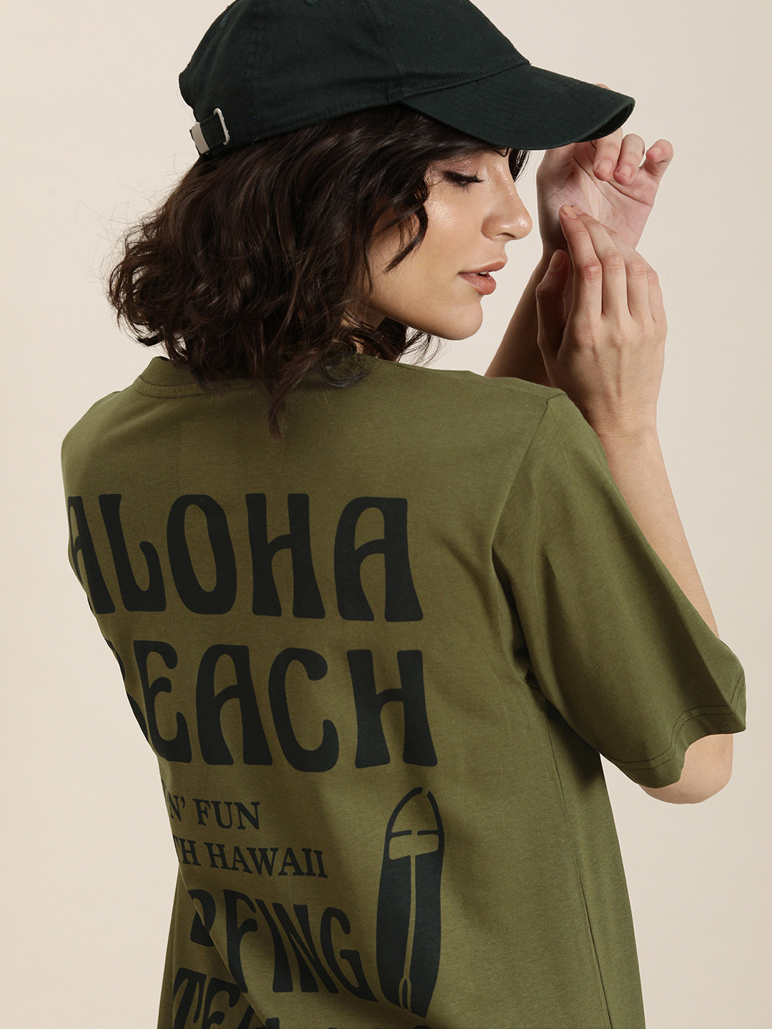 

Difference of Opinion Women Olive Green Pure Cotton Back Print OversizedT-shirt
