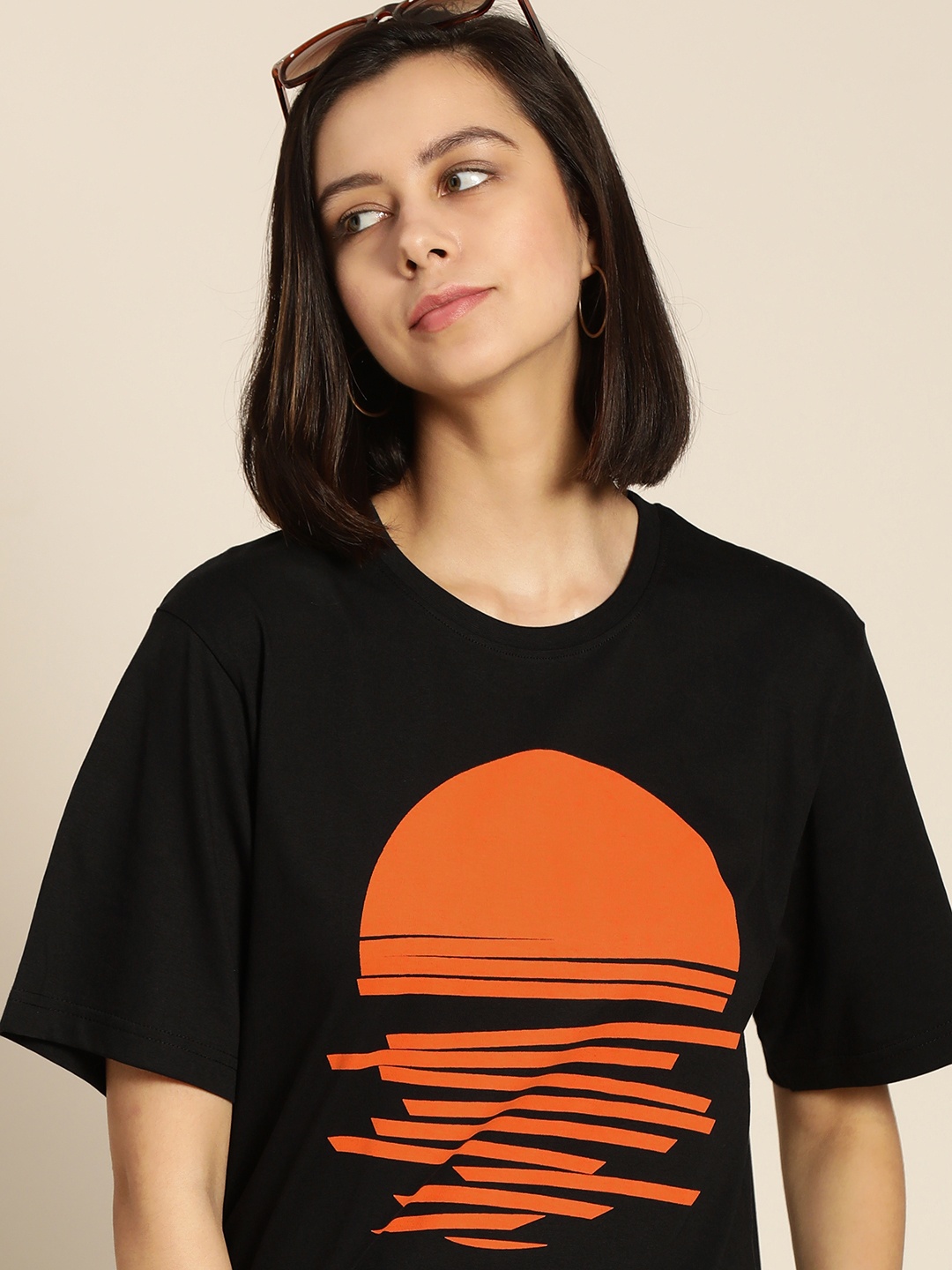 

Difference of Opinion Women Black & Orange Printed Cotton Oversized T-shirt