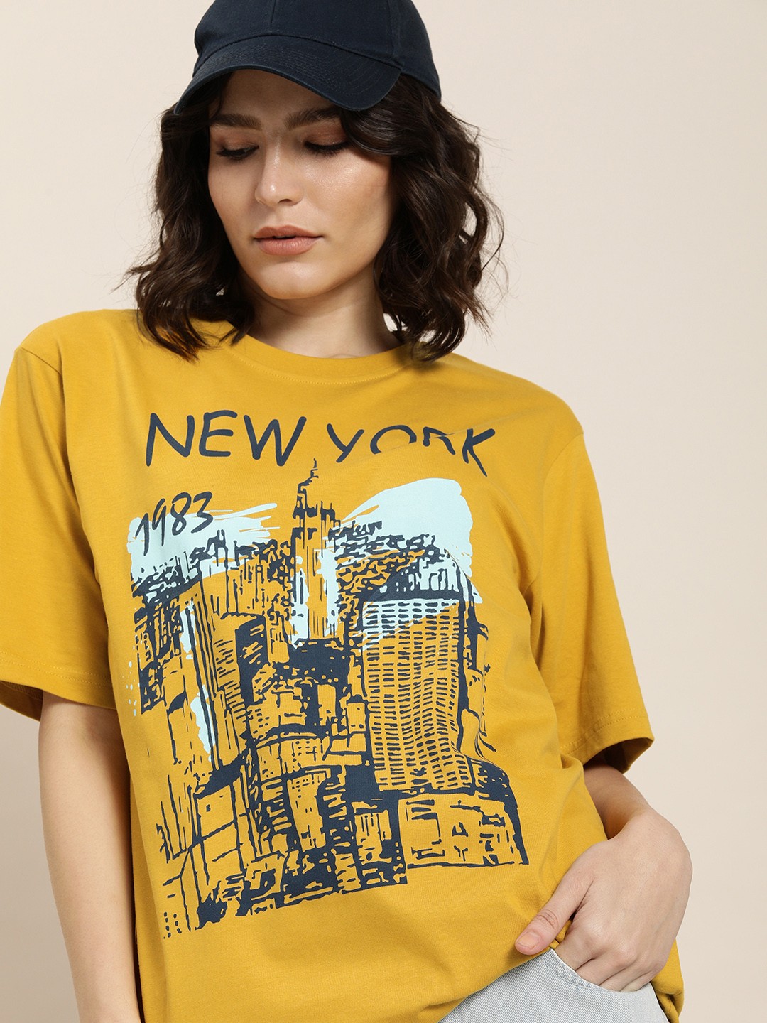

Difference of Opinion Women Mustard Yellow Pure Cotton Printed OversizedT-shirt