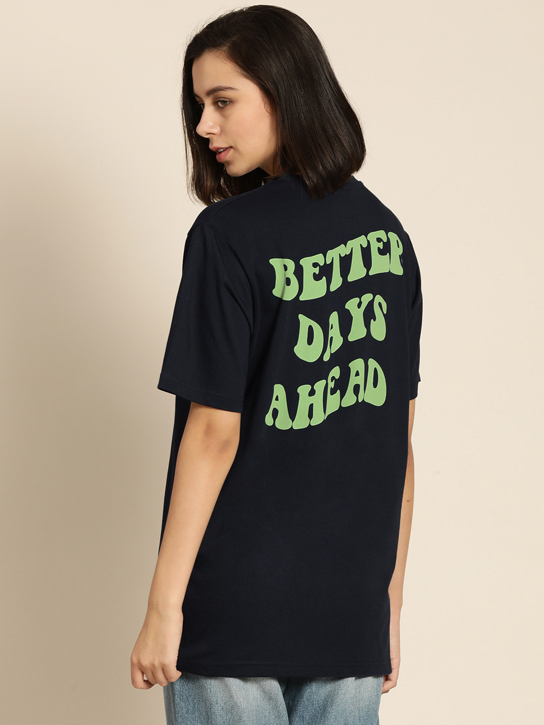 

Difference of Opinion Women Navy Blue Typography Printed Cotton Loose T-shirt