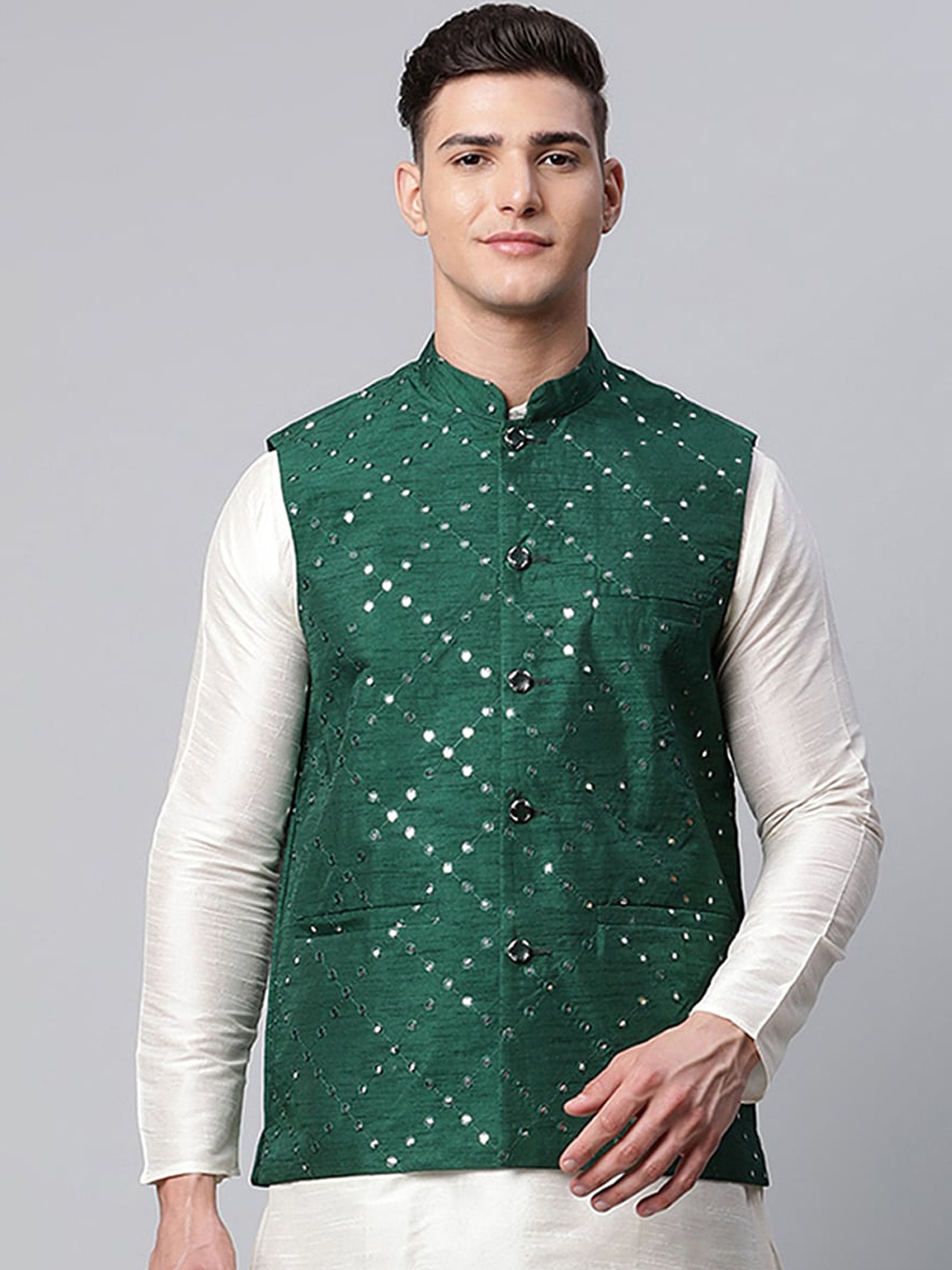 

Jompers Men Green Mirror Work Embroidered Woven Nehru Jacket