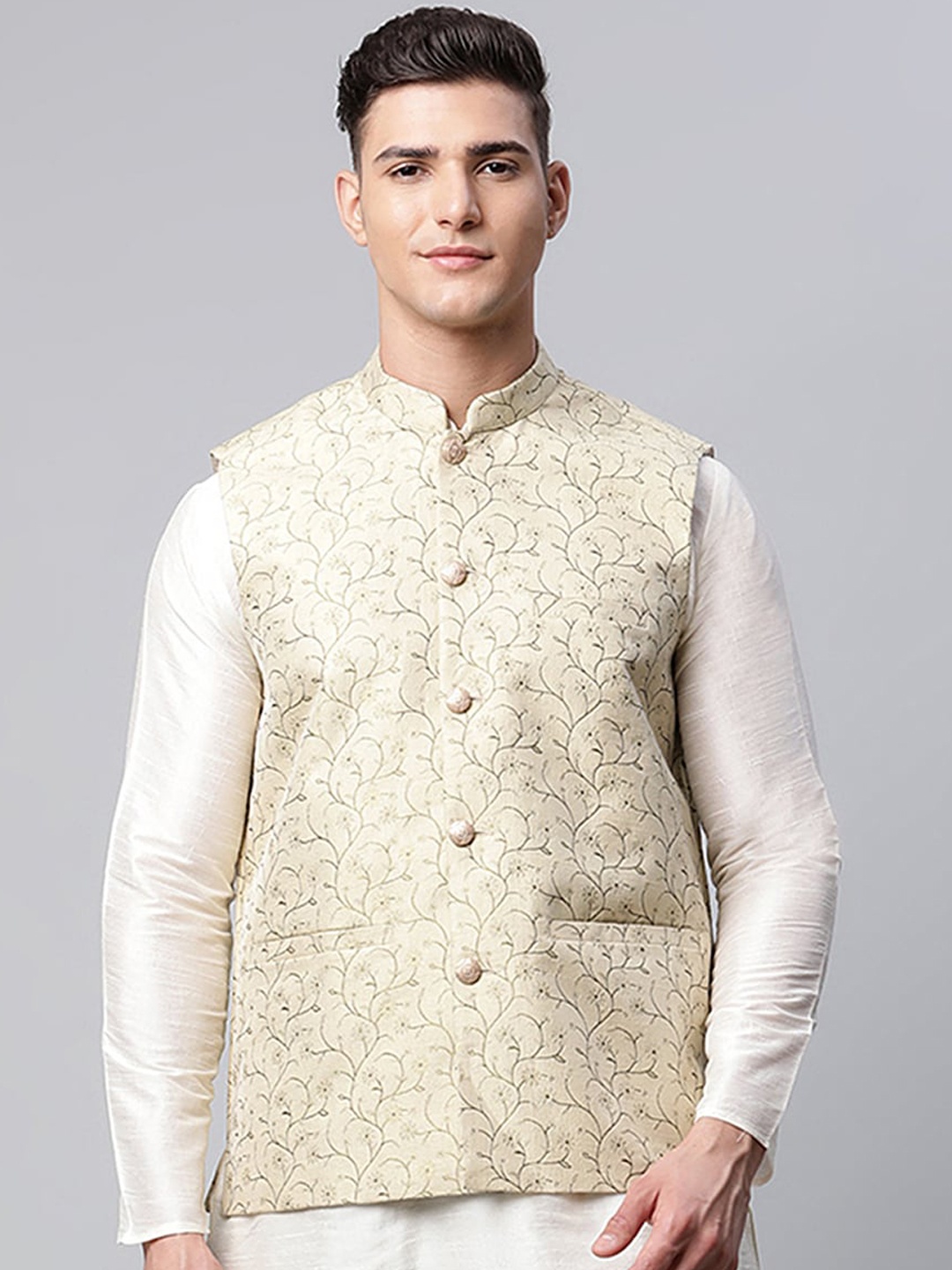 

Jompers Men Beige & Grey Silk Cotton Nehru Jacket