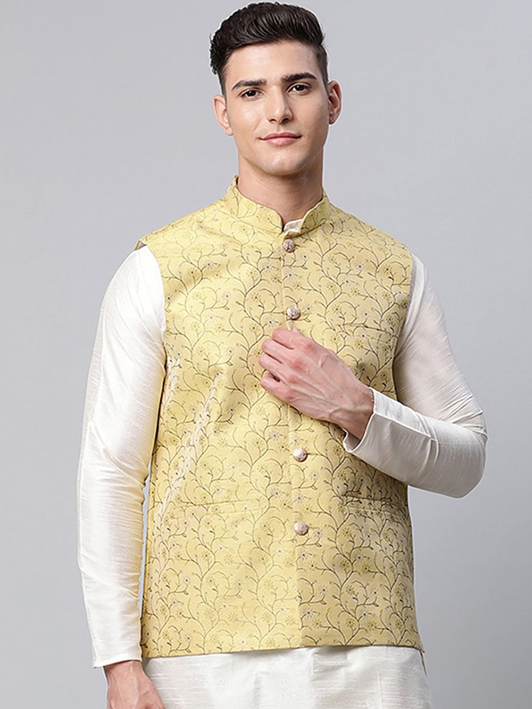 

Jompers Men Yellow and Golden printed Satin Nehru Jacket