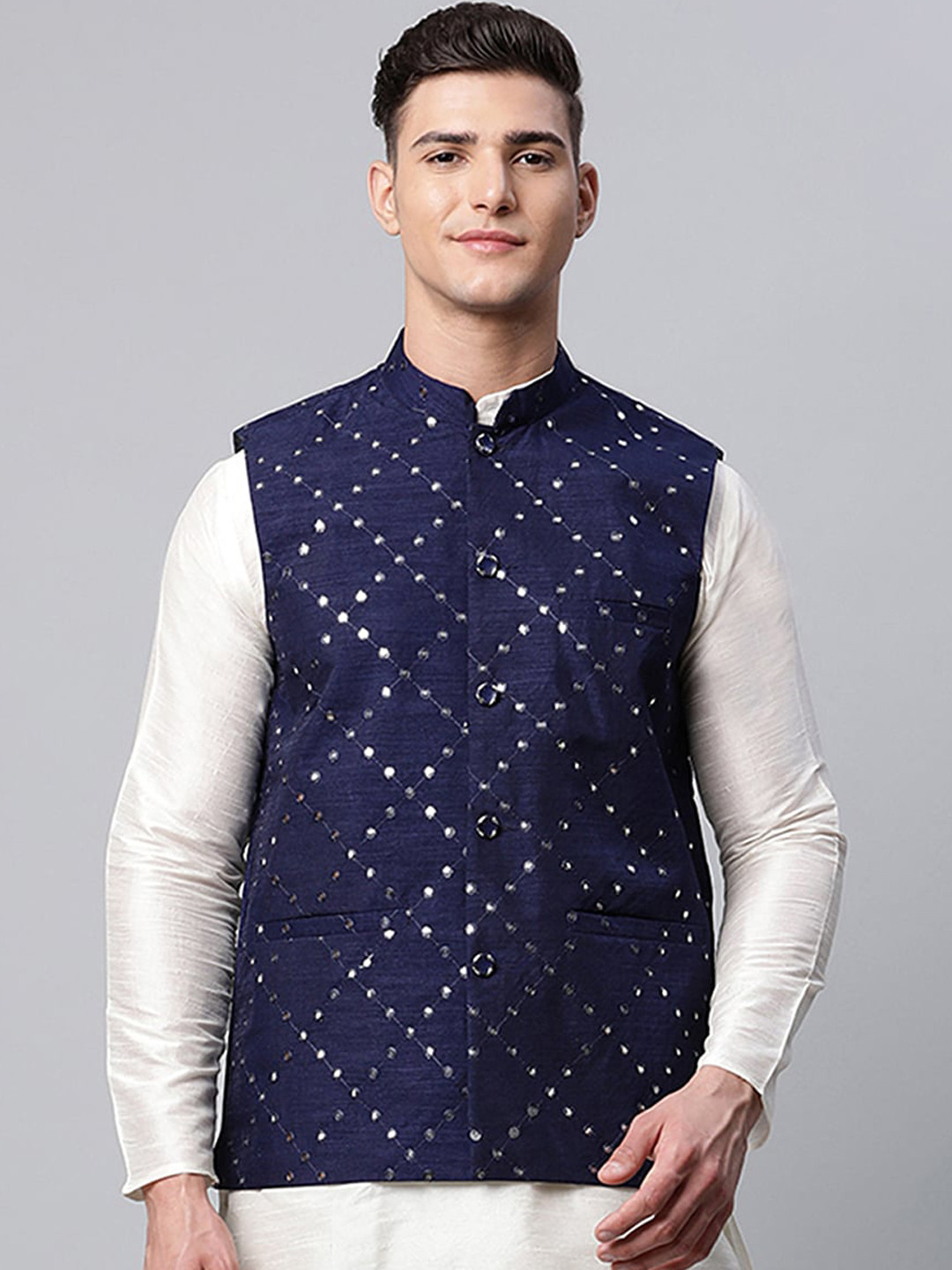 

Jompers Men Navy Blue Mirror Work Embroidered nehru jacket