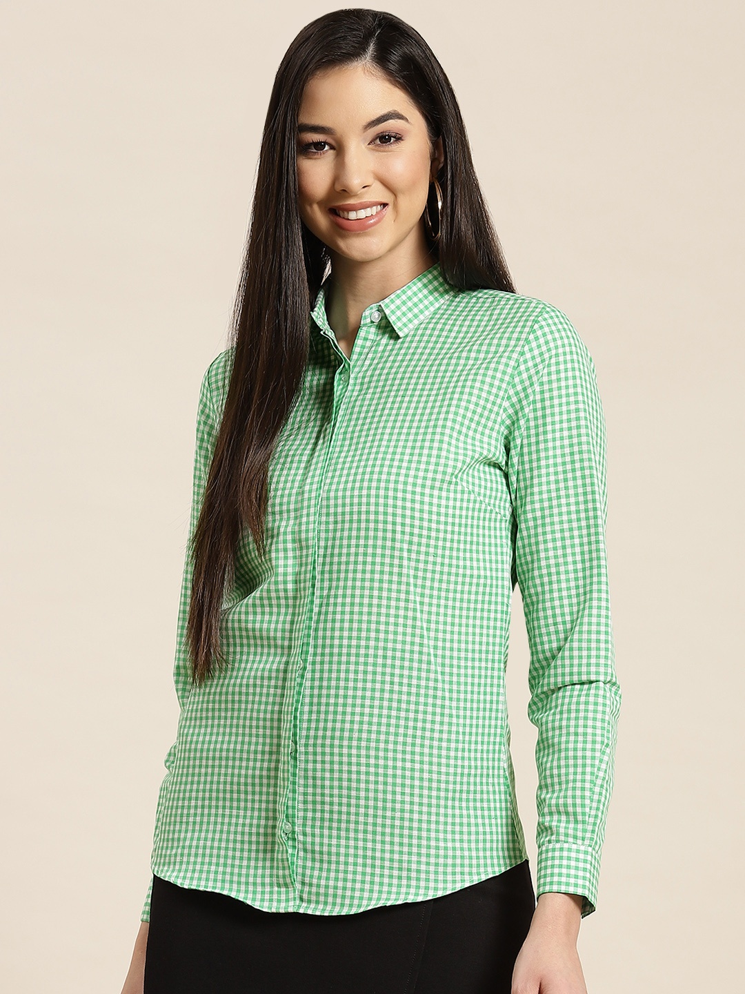 

Hancock Women Green & White Pure Cotton Standard Slim Fit Micro Checked Formal Shirt