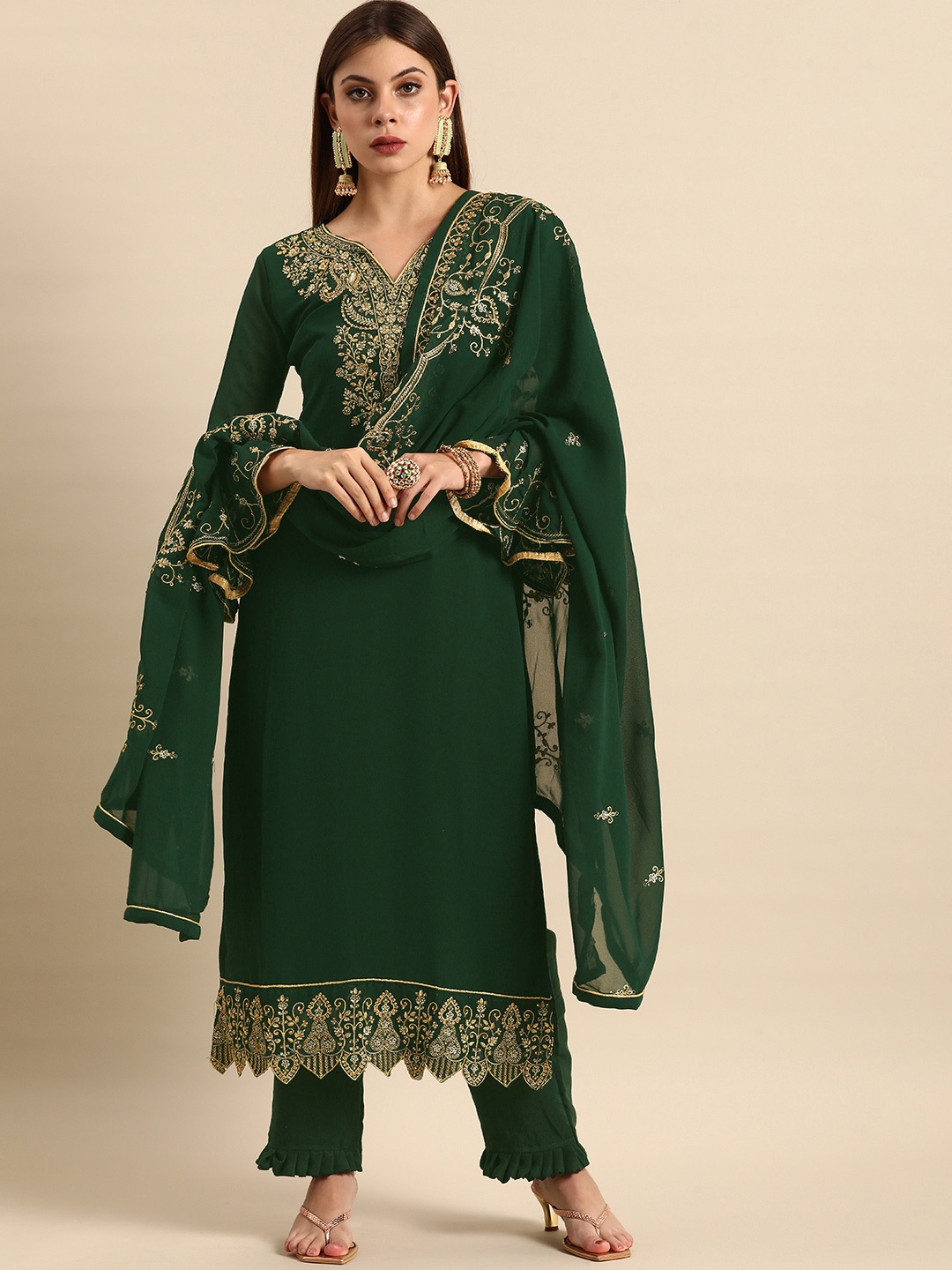 

Shaily Green & Golden Embroidered Unstitched Dress Material