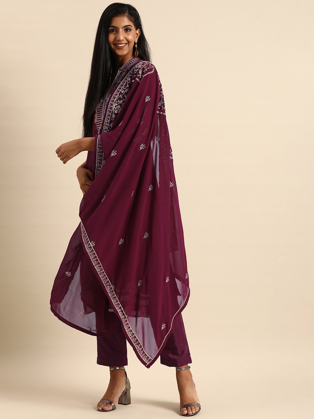 

Shaily Women Burgundy Ethnic Motifs Embroidered Silk Georgette Unstitched Dress Material