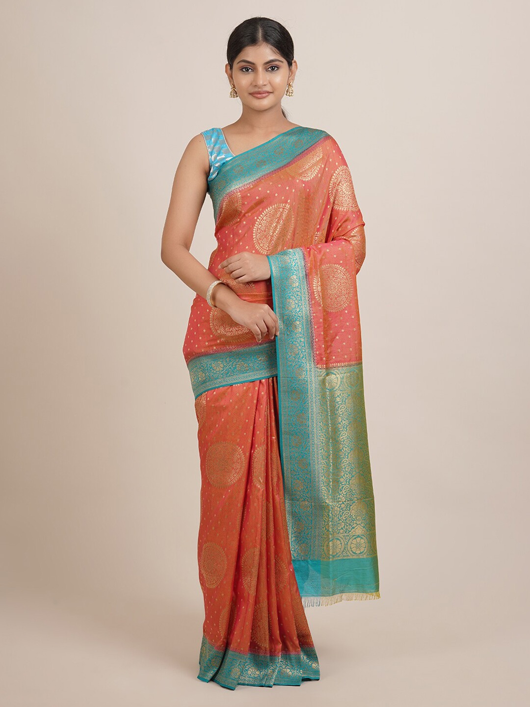 

Pothys Pink & Blue Ethnic Motifs Jute Silk Saree