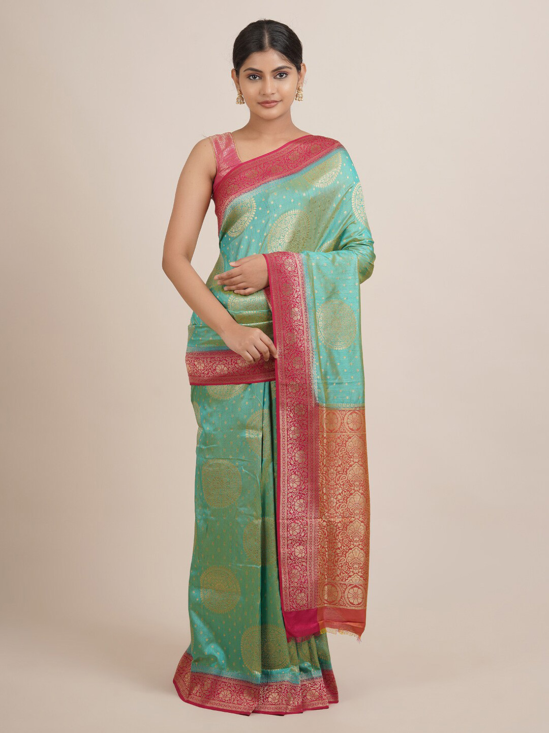 

Pothys Green & Pink Ethnic Motifs Zari Jute Silk Saree
