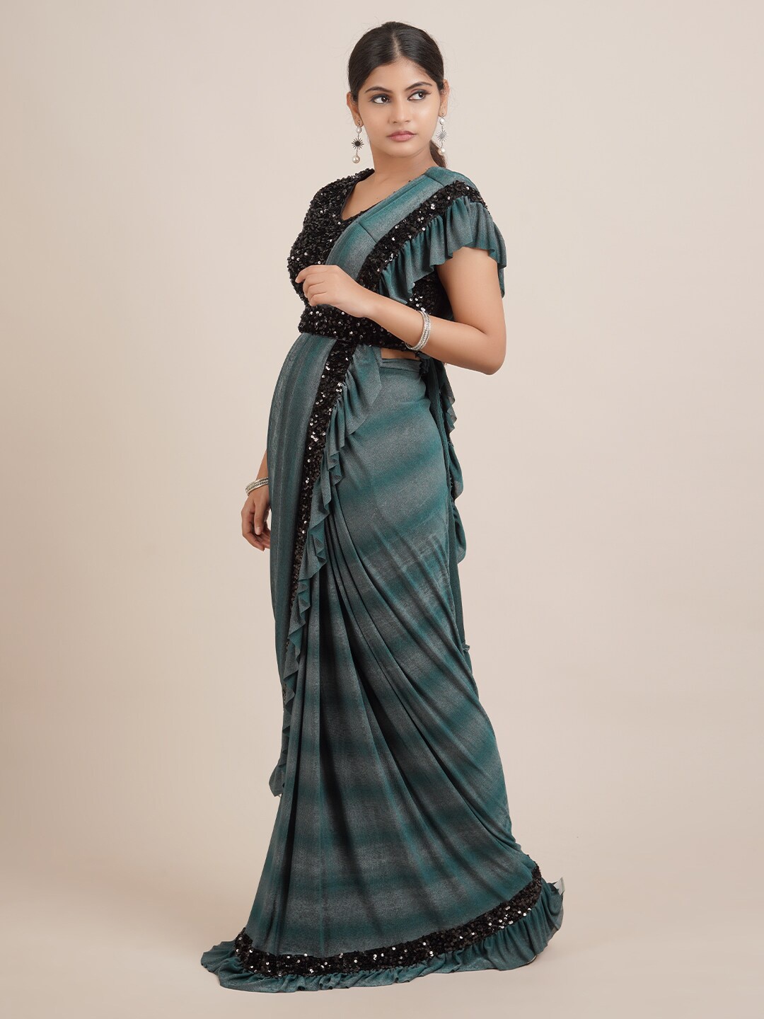 

Pothys Green & Black Striped Sequinned Saree