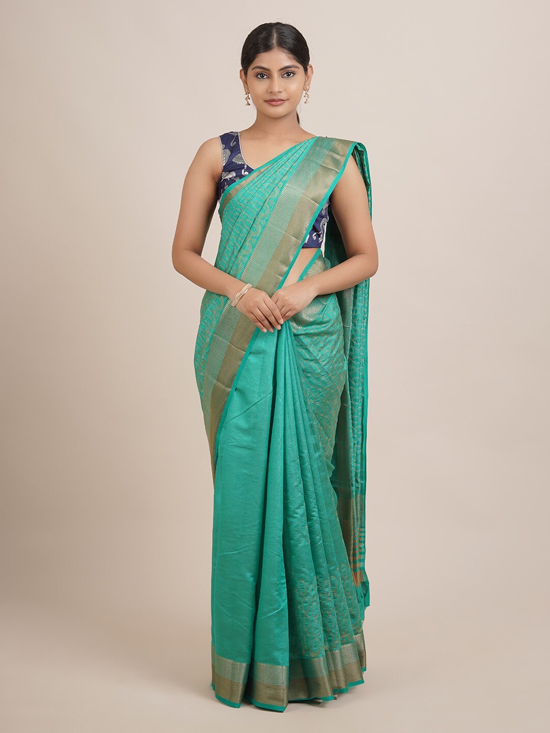 

Pothys Green & Gold-Toned Zari Jute Silk Saree