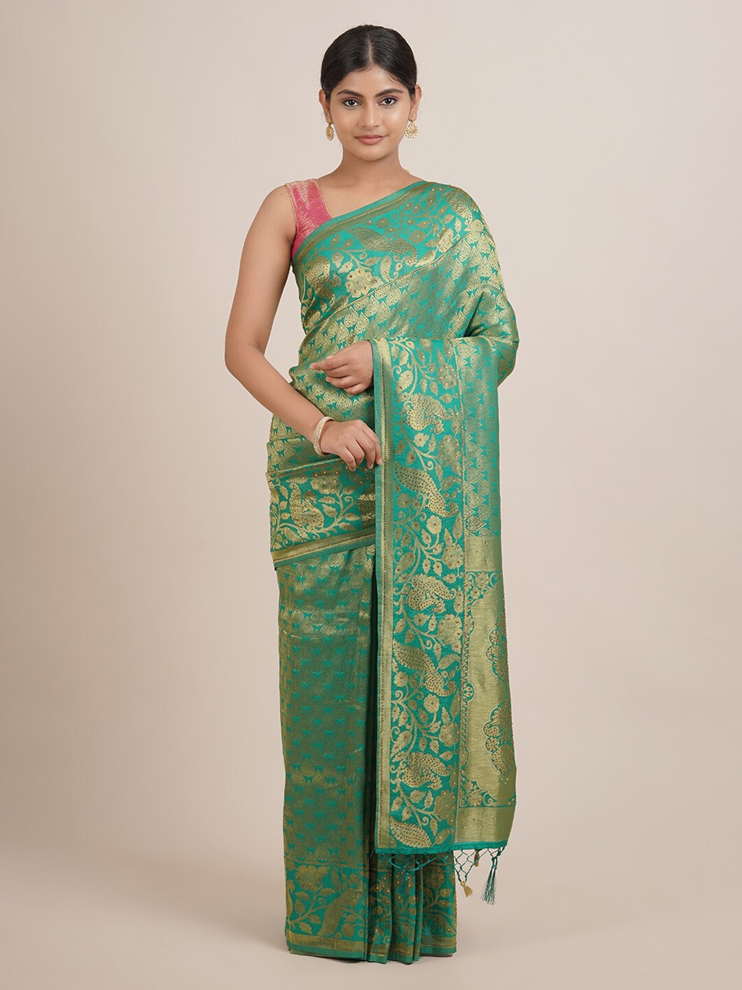 

Pothys Green & Gold-Toned Woven Design Zari Jute Silk Saree