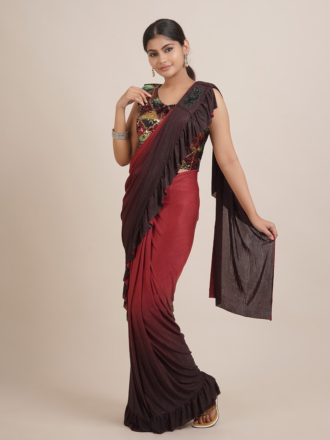 

Pothys Maroon & Brown Tie and Dye Sequinned Satin Ruffle Saree