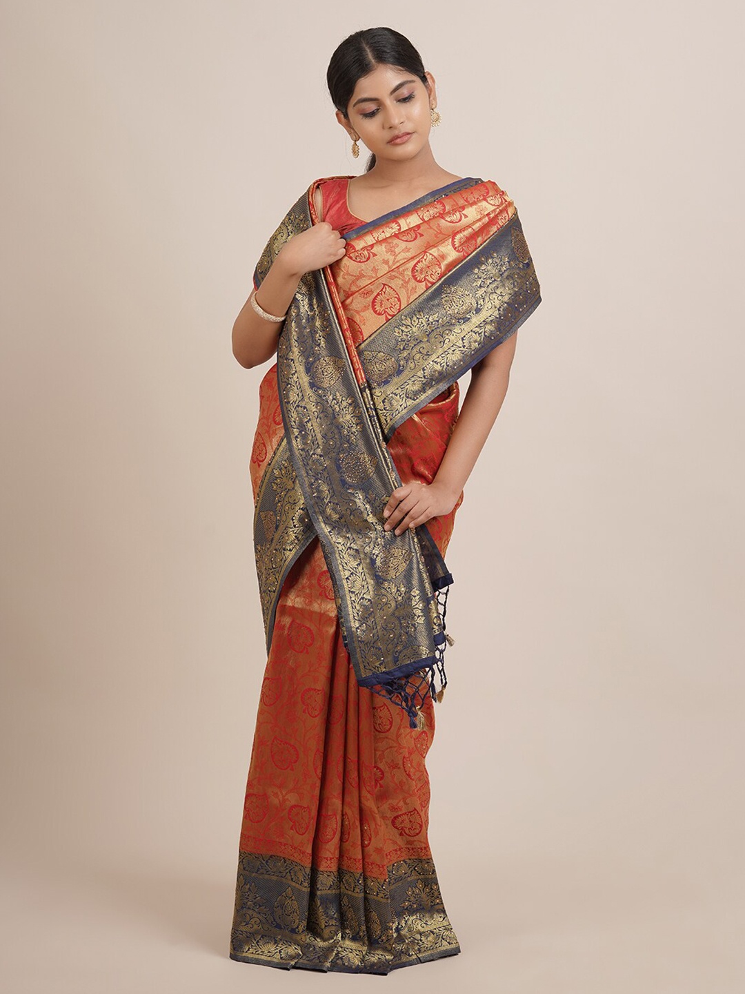 

Pothys Red & Navy Blue Ethnic Motifs Zari Jute Silk Saree