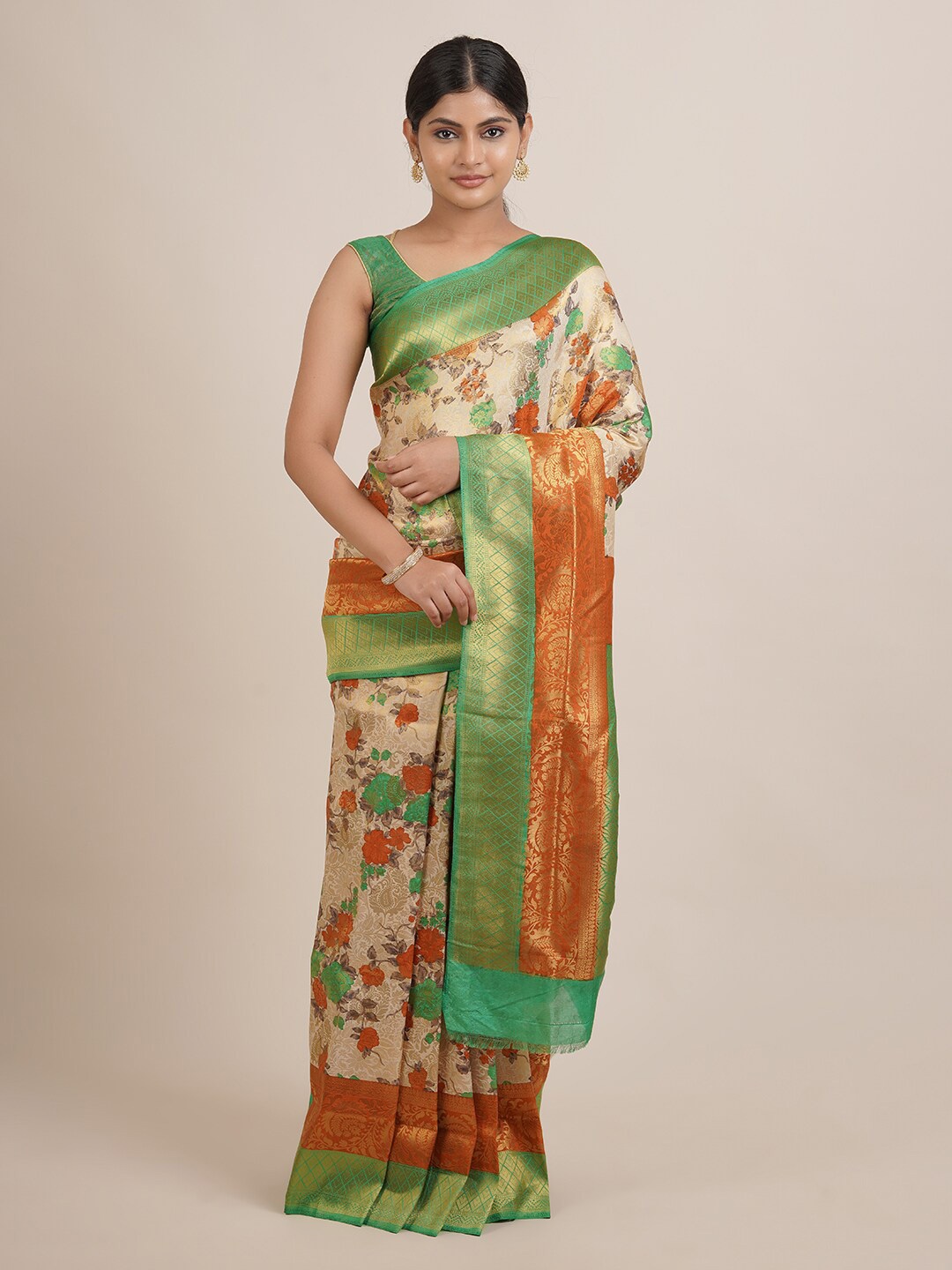 

Pothys Cream-Coloured & Green Floral Zari Jute Silk Saree