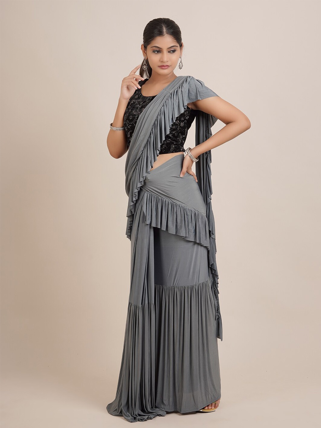 

Pothys Grey Beads and Stones Satin Saree