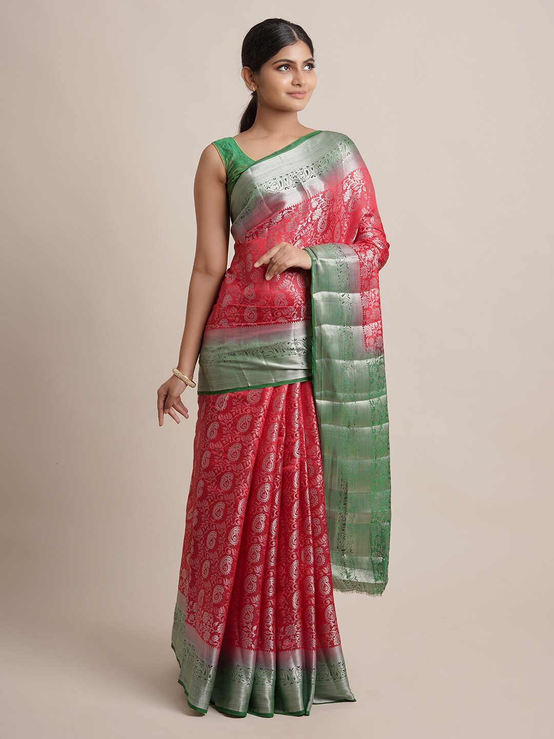 

Pothys Red & Silver-Coloured Ethnic Motifs Jute Silk Saree