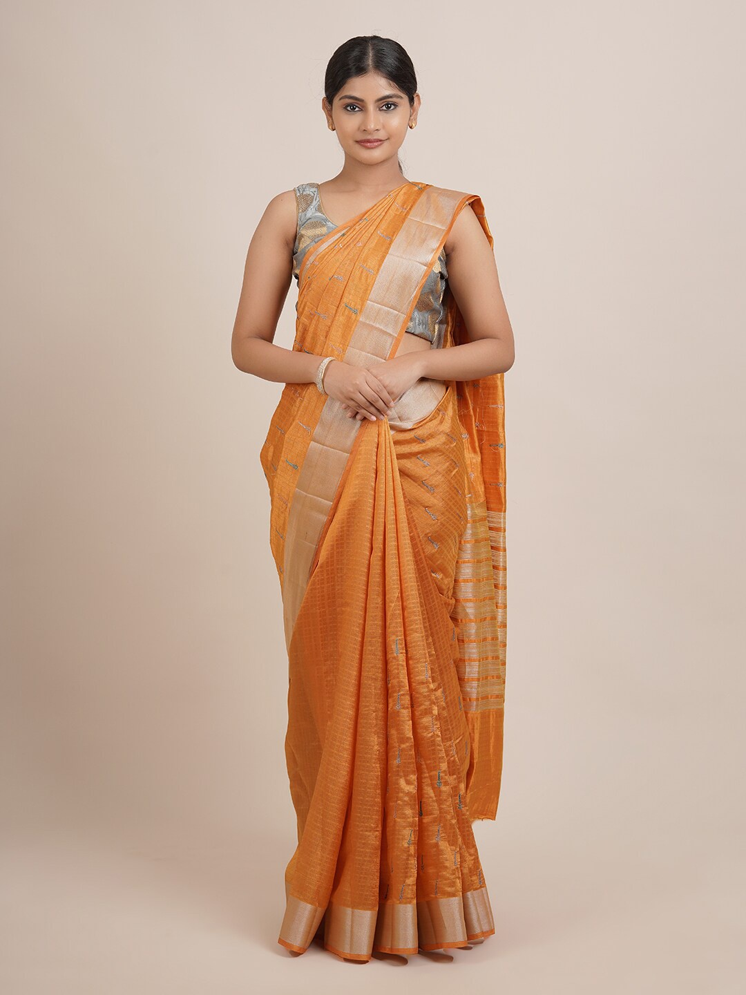 

Pothys Mustard & Gold-Toned Woven Design Zari Jute Silk Saree