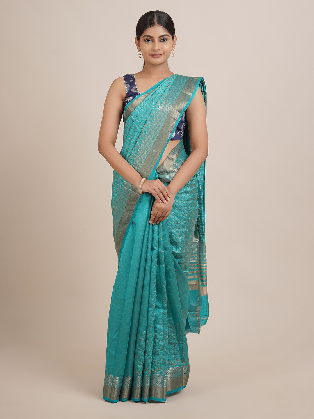 

Pothys Blue & Gold-Toned Geometric Embroidered Zari Saree