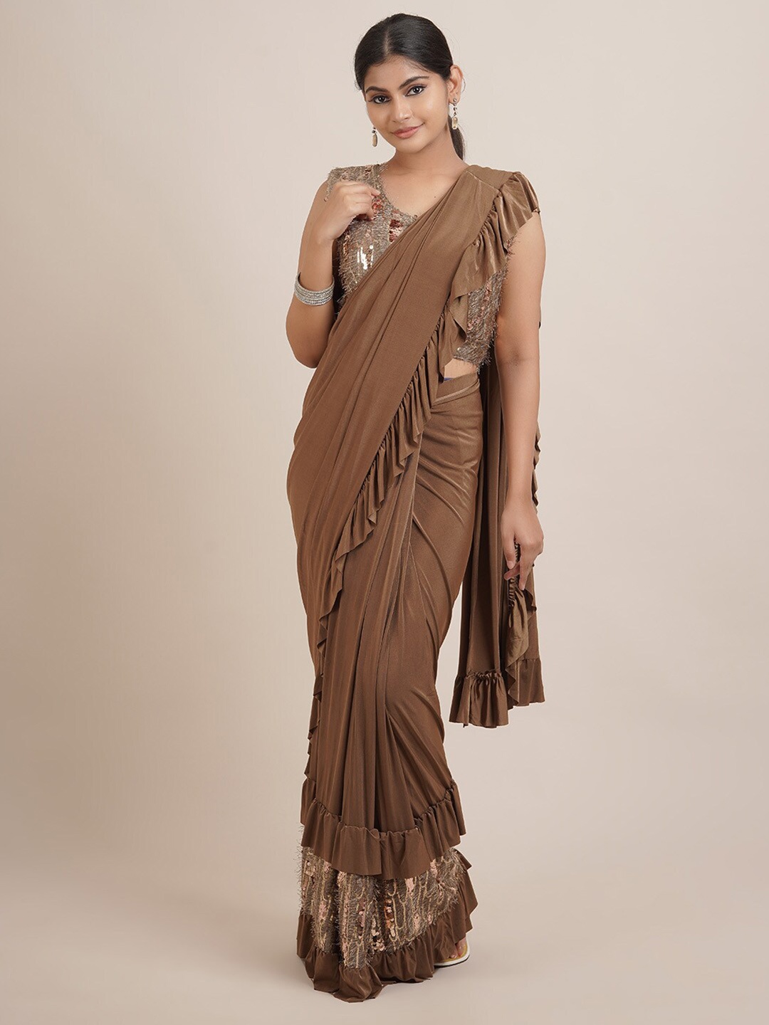 

Pothys Brown Sequinned Satin Saree