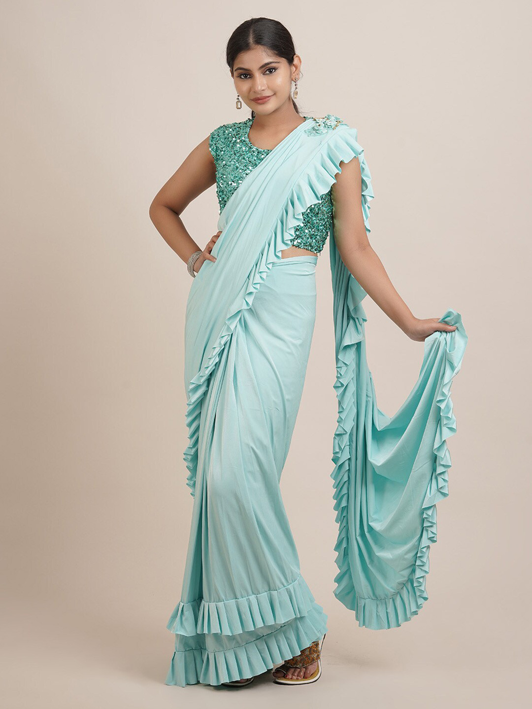 

Pothys Blue Satin Fusion Saree