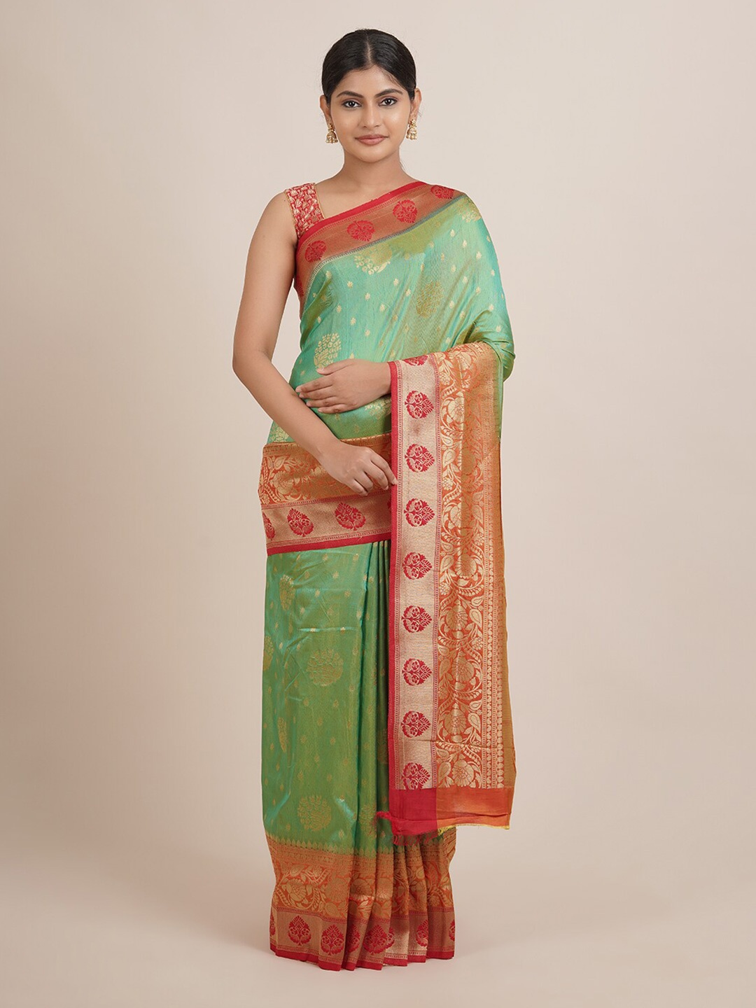 

Pothys Green & Orange Woven Design Zari Jute Silk Saree