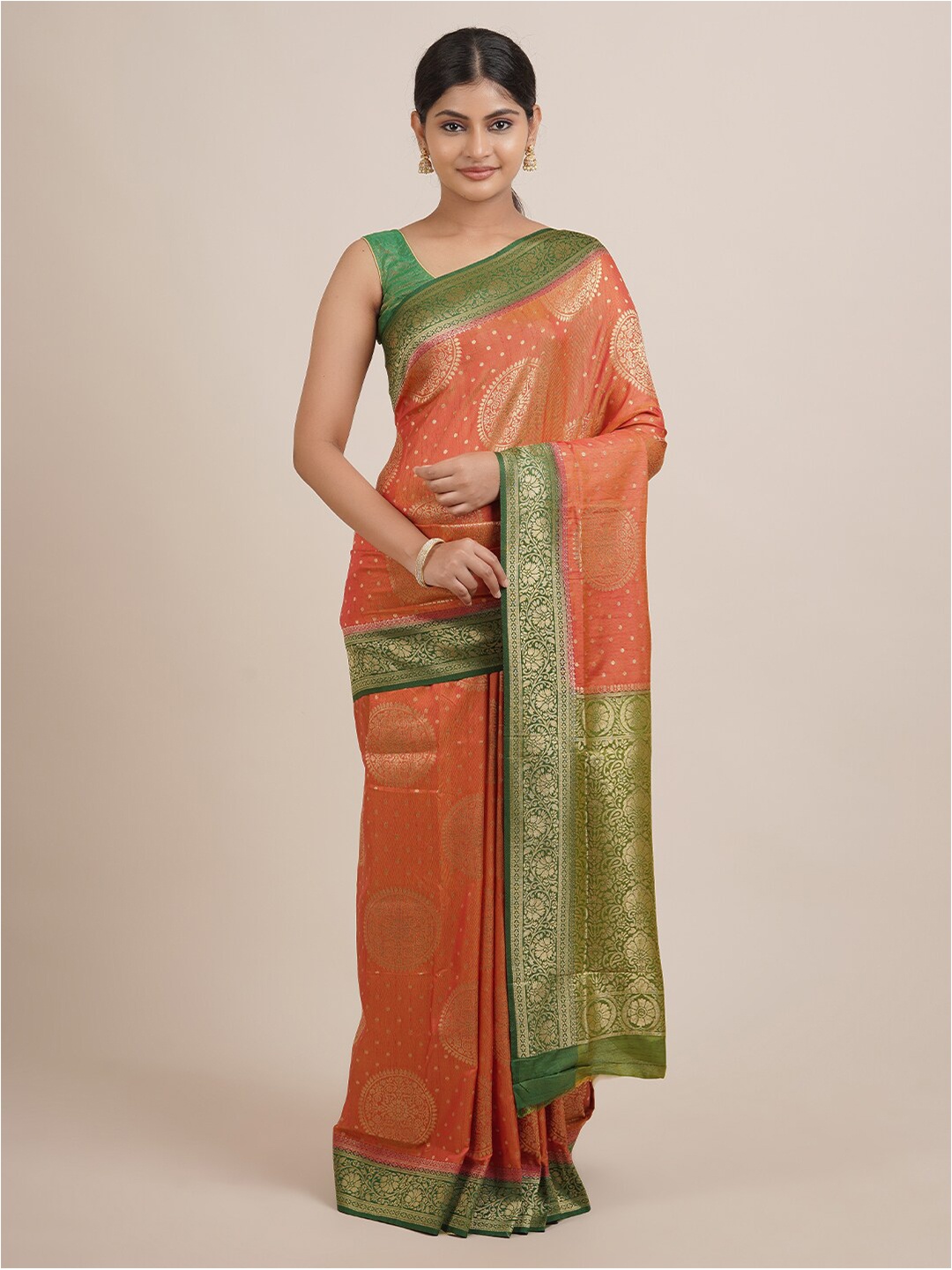 

Pothys Brown & Green Ethnic Motifs Zari Jute Silk Saree