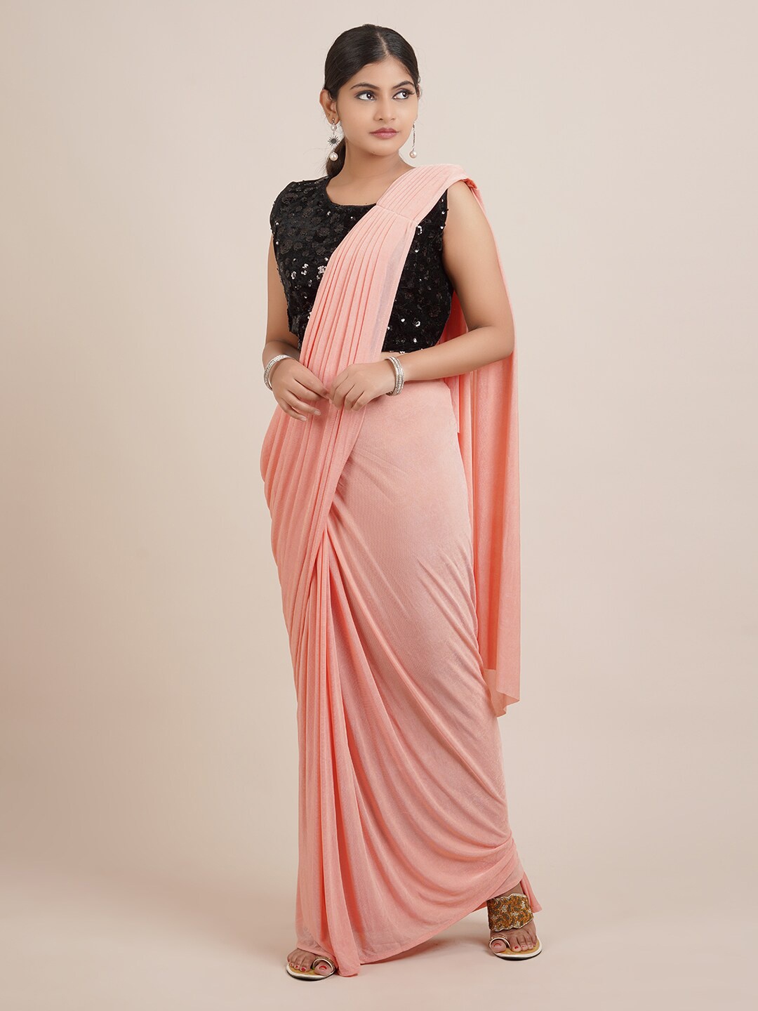 

Pothys Peach-Coloured Satin Saree