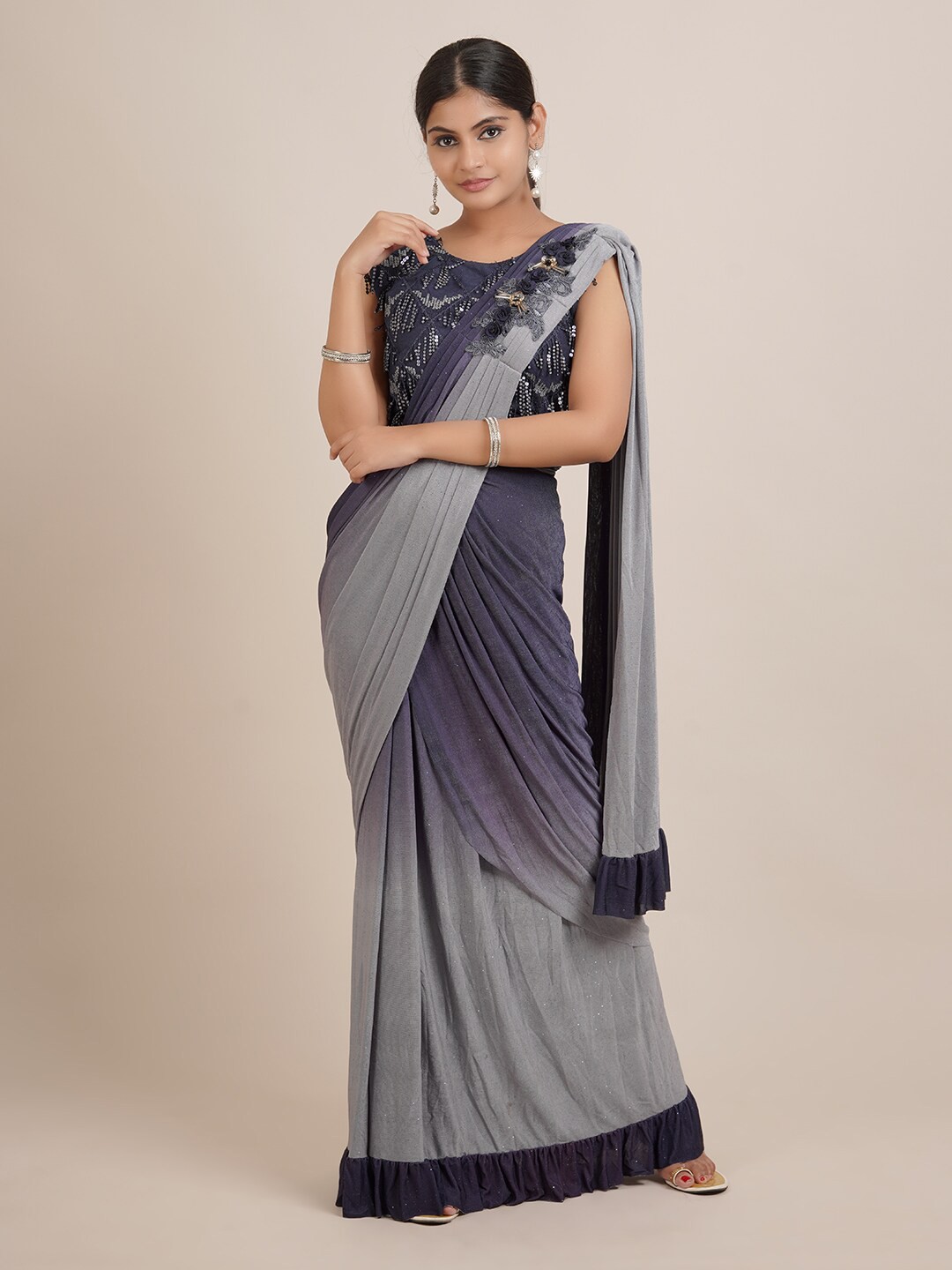

Pothys Grey Beads and Stones Satin Saree