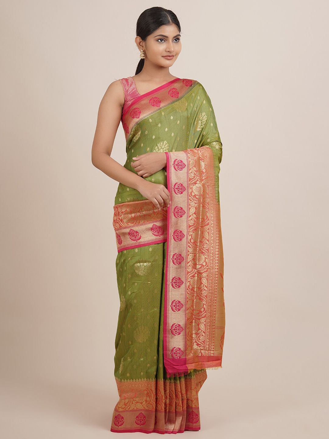 

Pothys Women Green Ethnic Motifs Woven Design Jute Silk Saree