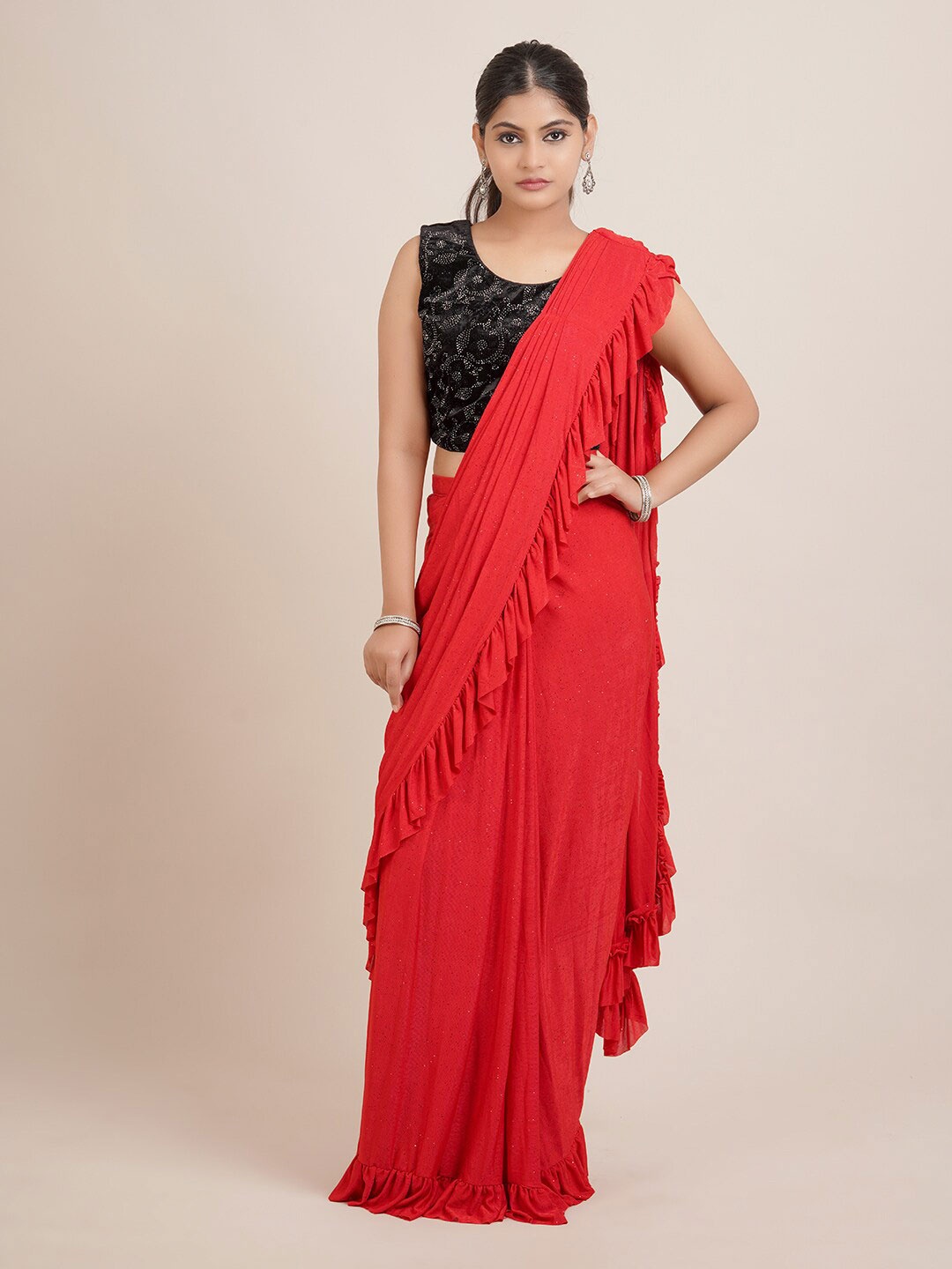 

Pothys Red Satin Fusion Saree