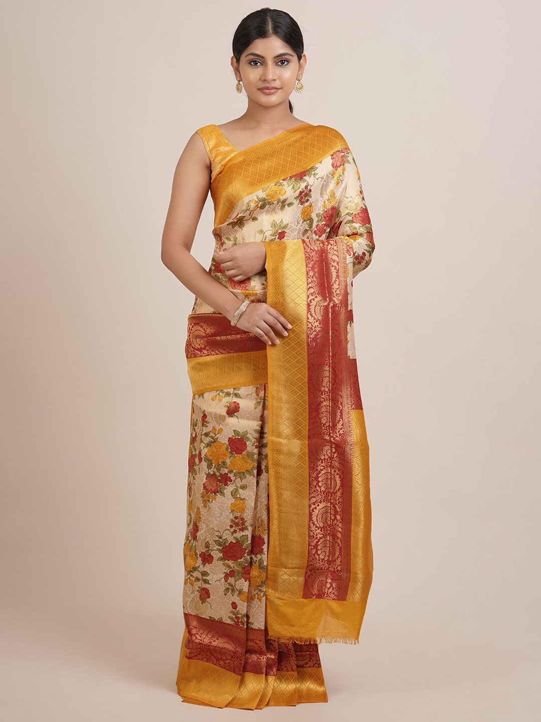 

Pothys Cream-Coloured & Brown Floral Zari Jute Silk Saree