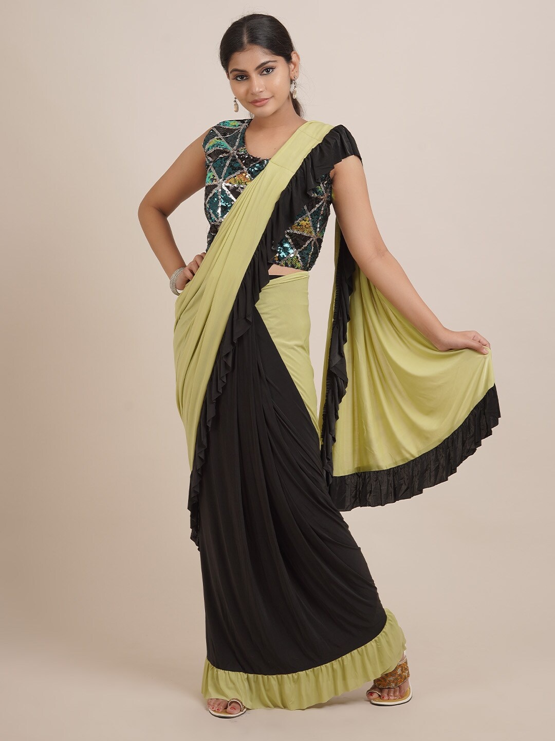 

Pothys Black Colourblocked Sequinned Satin Half and Half Saree