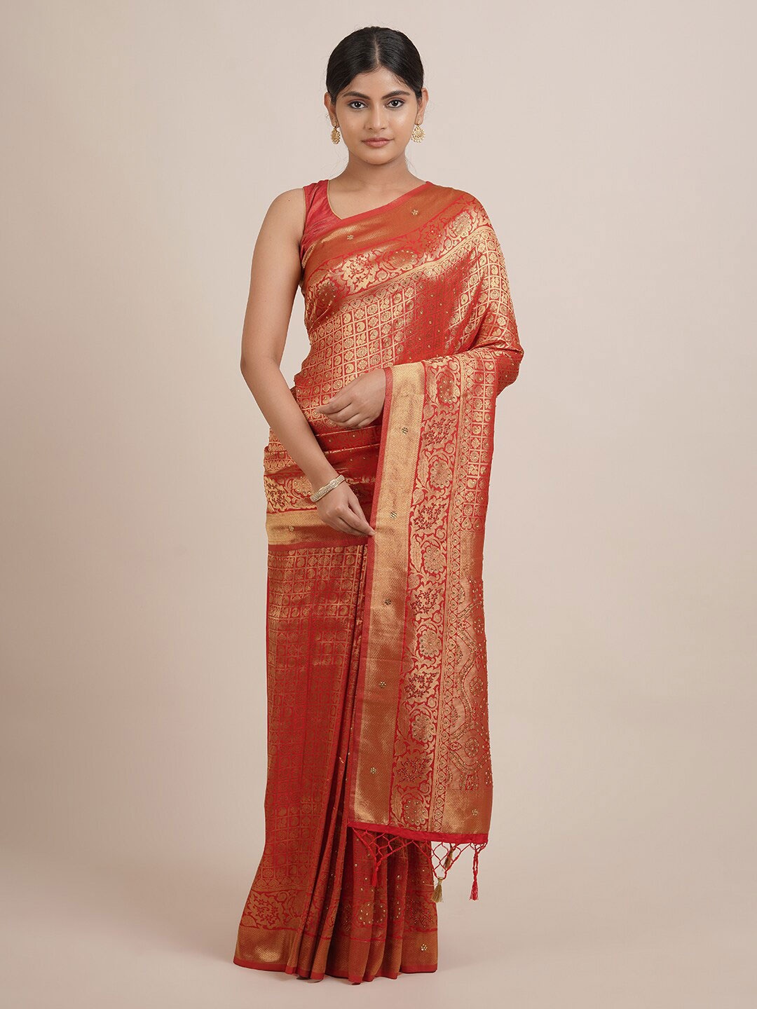 

Pothys Red & Gold-Toned Ethnic Motifs Jute Silk Saree