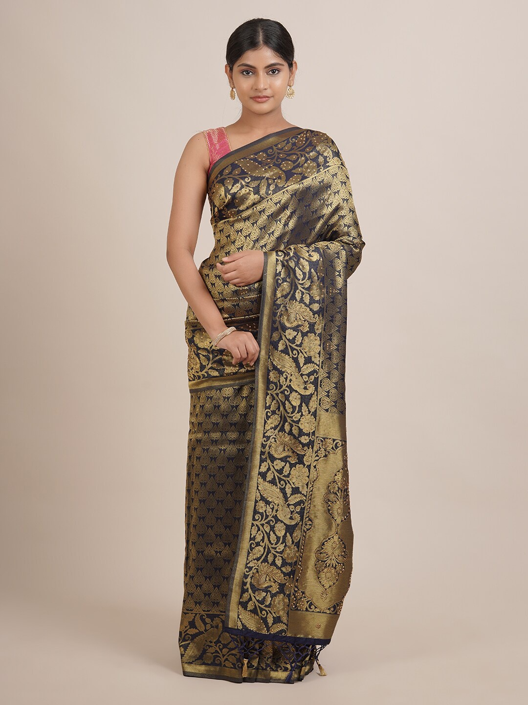 

Pothys Navy Blue & Gold-Toned Woven Design Zari Jute Silk Saree